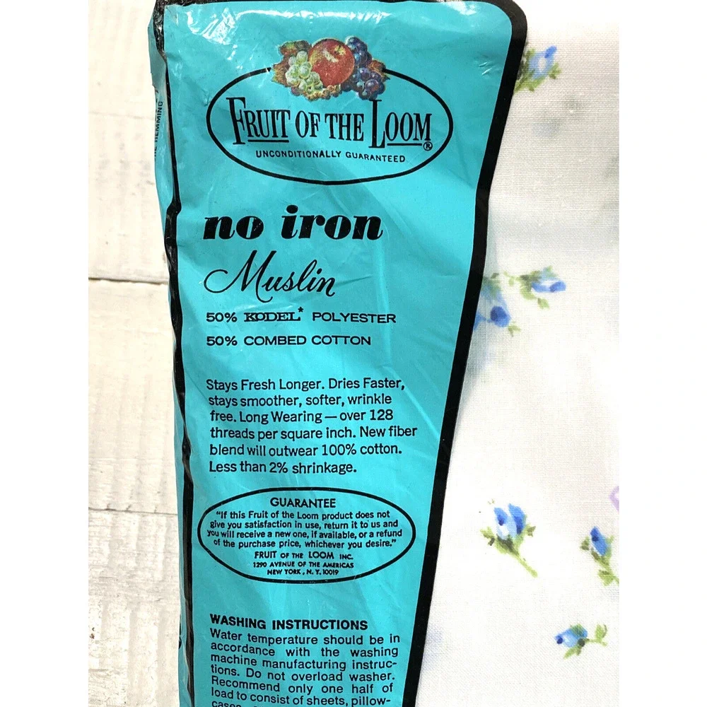 Vintage 1970s NOS  Twin Flat Sheet Fruit Of The Loom Muslin Blue Rose Flower